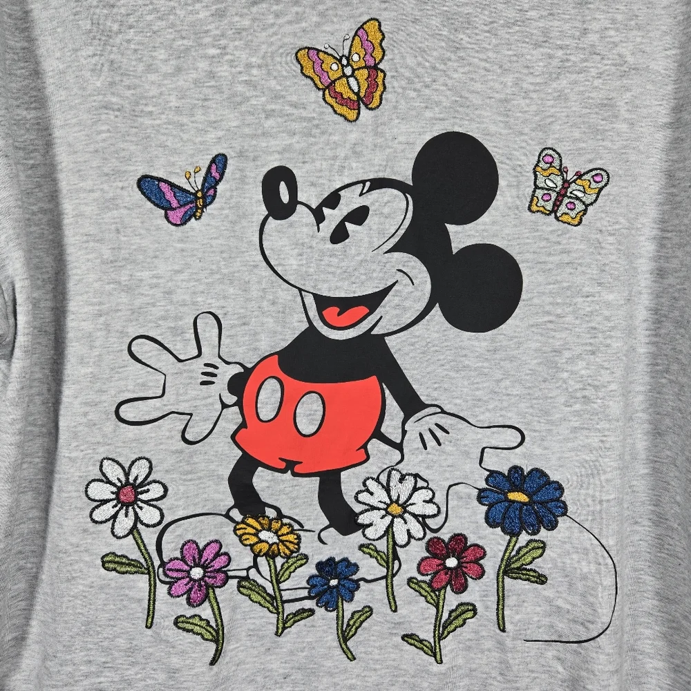 Disney Mickey Mouse Character Embrodered Floral Gray Heathered T-Shirt Large - Picture 3 of 12